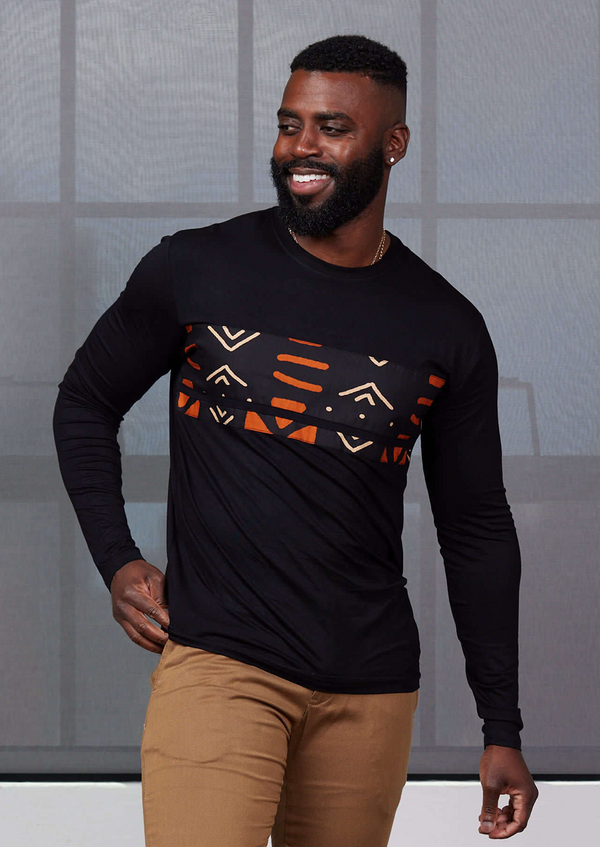 Ore Men's African Print Long Sleeve T-shirt (Black/Natural Mudcloth)