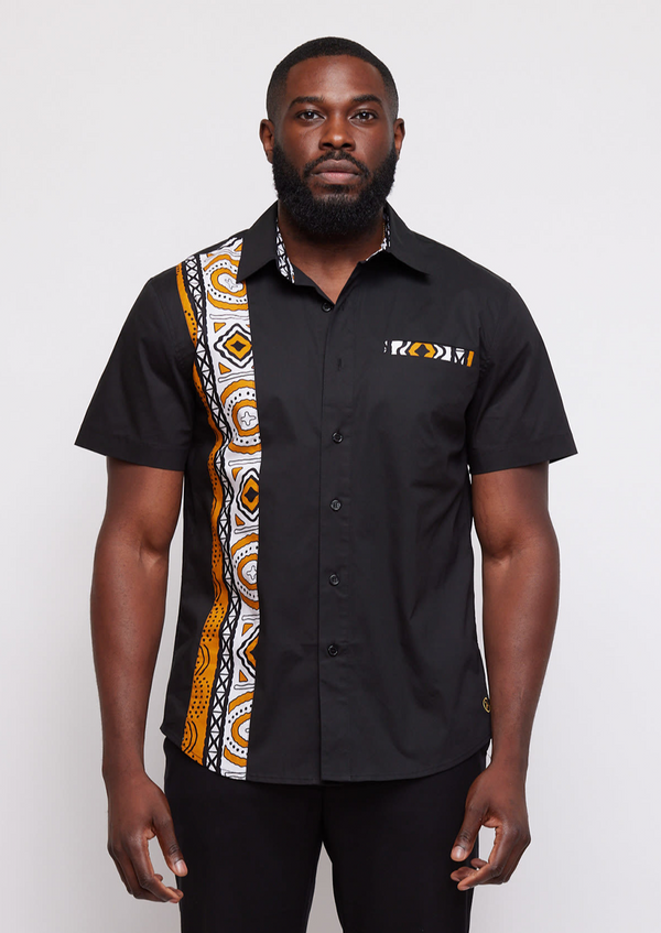 Tumelo Men's Applique Button-Up Shirt (Black/Gold White Mudcloth) -Clearance