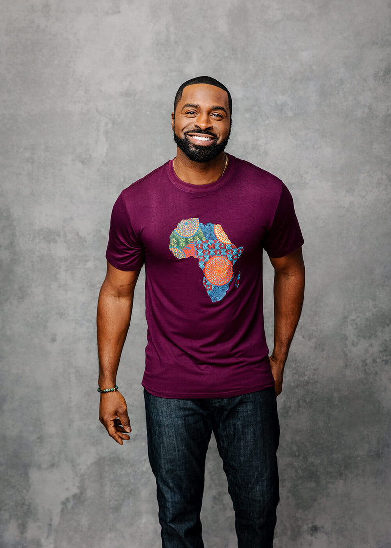 Kirabo Men's African Print Africa Map T-shirt (Plum/New Harvest Multipattern)