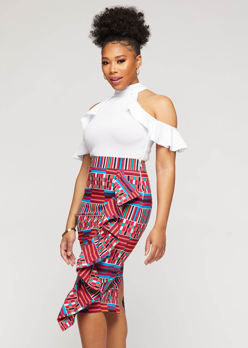 Raida African Print Midi Ruffled Pencil Skirt Pink Blue Kente Diyanu 