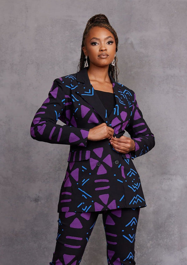 Aniq Women's African Print Stretch Blazer Dress (Fig Blue