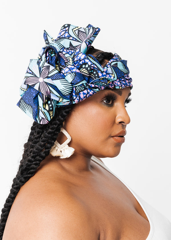 African Print Head Wrap/Scarf (Light Blue Pink Iris) -Clearance
