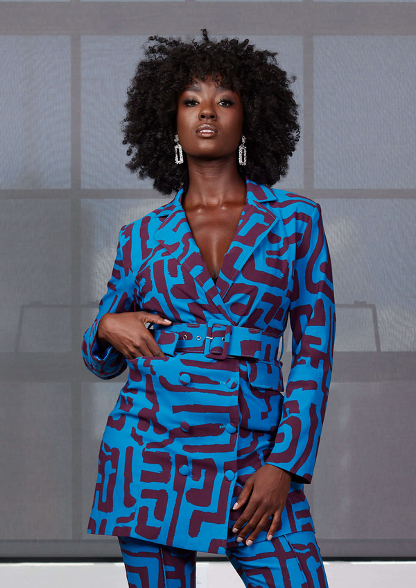 Aniq Women's African Print Stretch Blazer Dress (Fig Blue Geometric)