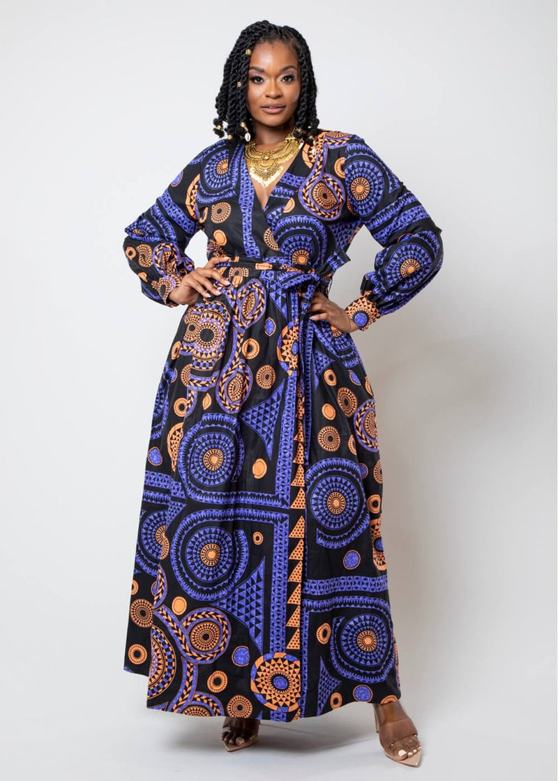 Rehema African Print Faux Wrap Maxi Dress Purple Mandala – D'IYANU