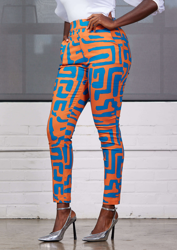 Talia Women's African Print Stretch Pants (Orange Blue Geometric)