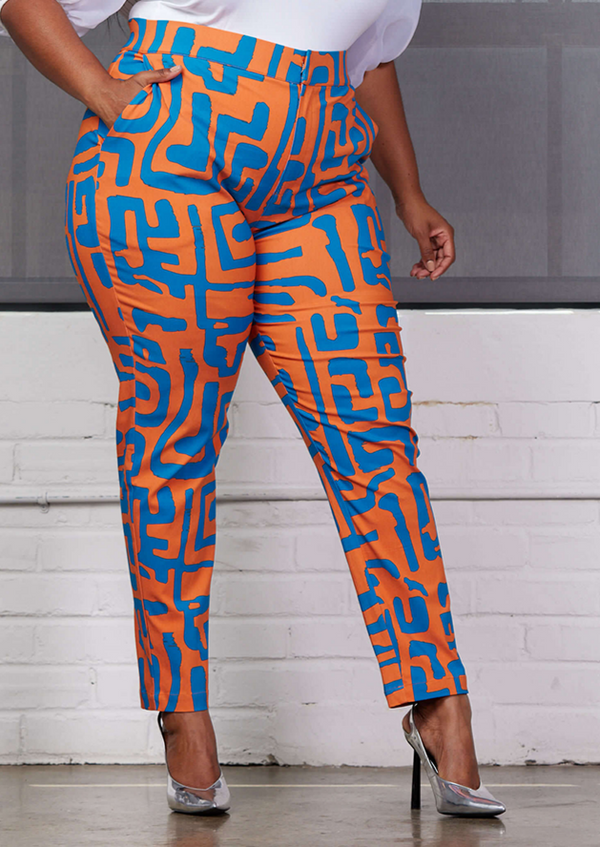 Talia Women's African Print Stretch Pants (Orange Blue Geometric)