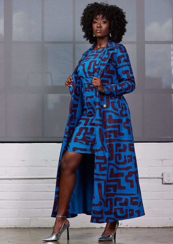 Taraji Women's African Print Trench Coat (Fig Blue Geometric)