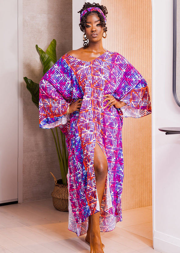Chidima Women's African Print Stretch Midi Dress (Orange Blue