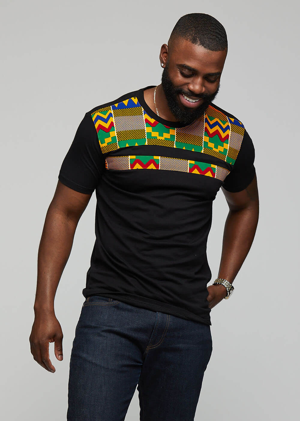 Kaleb African Print T- shirt ( Black/Green Yellow Kente) – D'IYANU