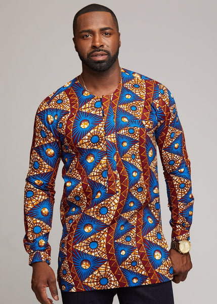 Jafari Men's African Print Long Sleeve Traditional Shirt (Blue Pyramid ...