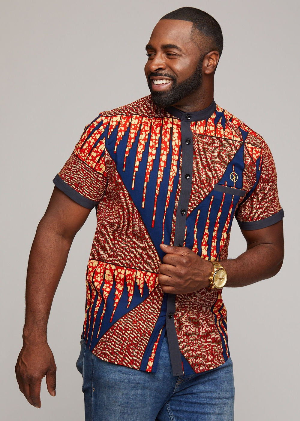 Olu Short Sleeve Mandarin Button-Up African Print Shirt (Orange Navy ...
