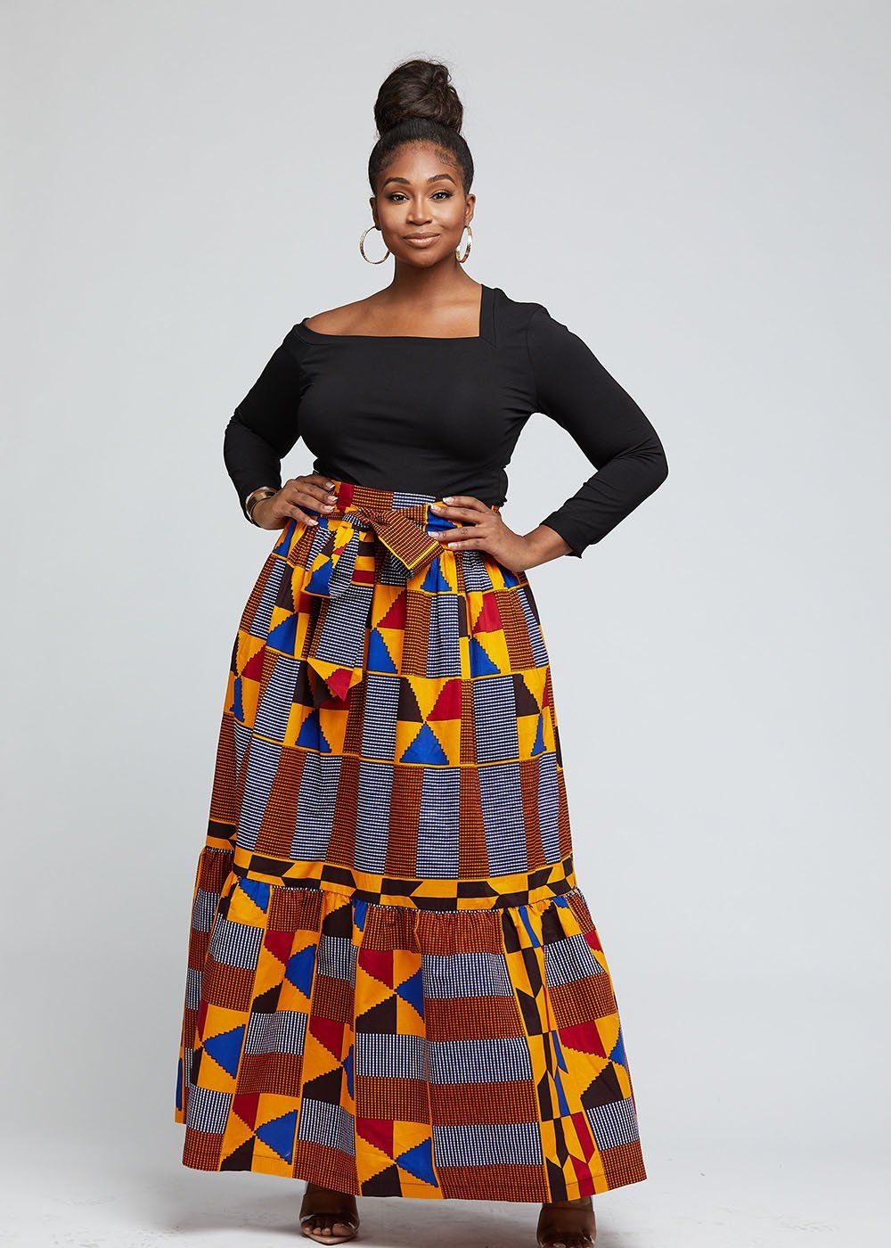 Nyah African Print Maxi Skirt With Tie Gold Red Kente Diyanu 