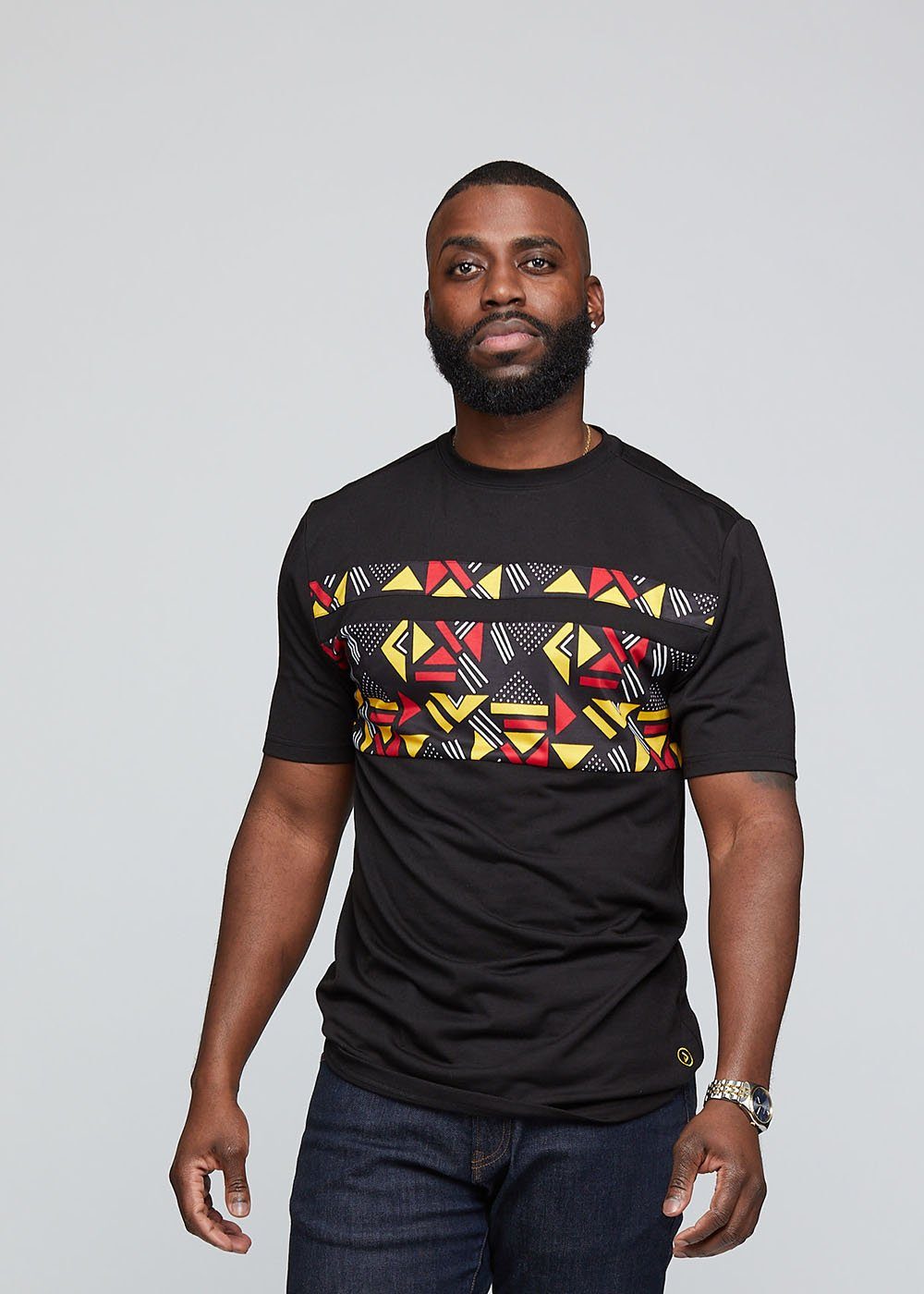 Abio African Print Men's Color Block Tee (Black/ Red Yellow Geometric ...
