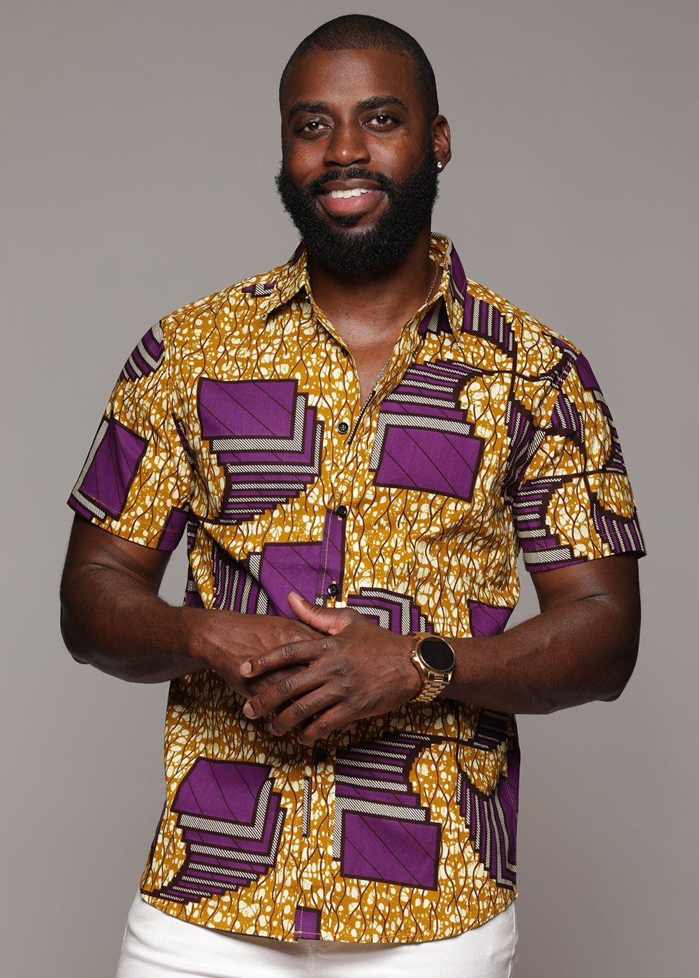 Men's African Attire - Purple Squares Shirt - D'IYANU