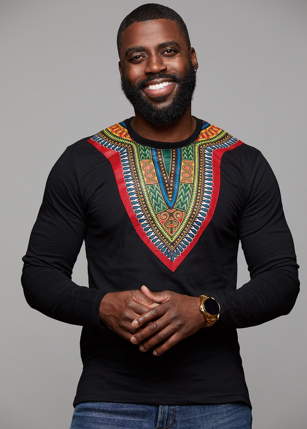 Thabo Men's African Print Shirt in Black - Dashiki T-Shirt - D'IYANU