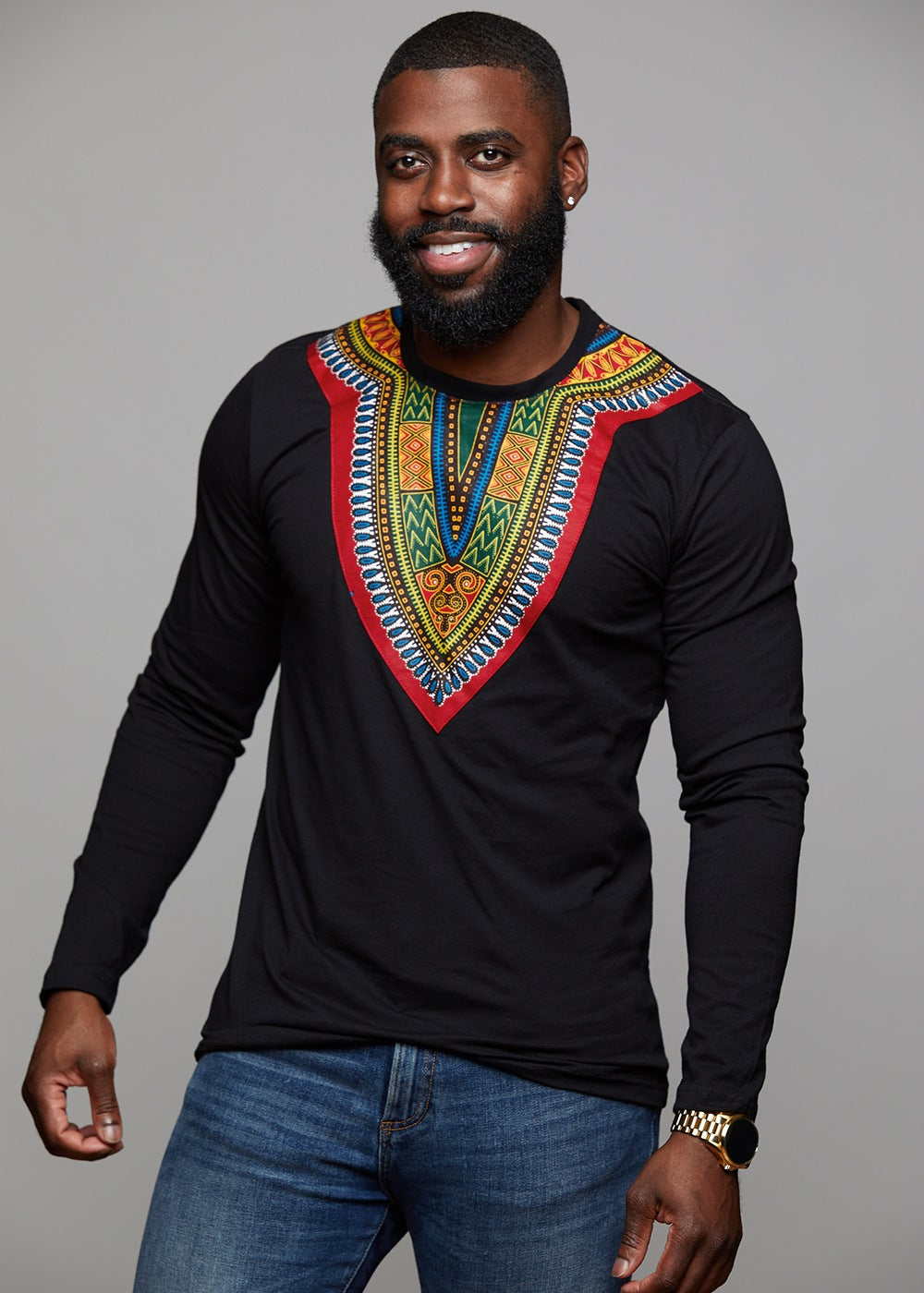 Thabo Men's African Print Shirt in Black - Dashiki T-Shirt - D'IYANU