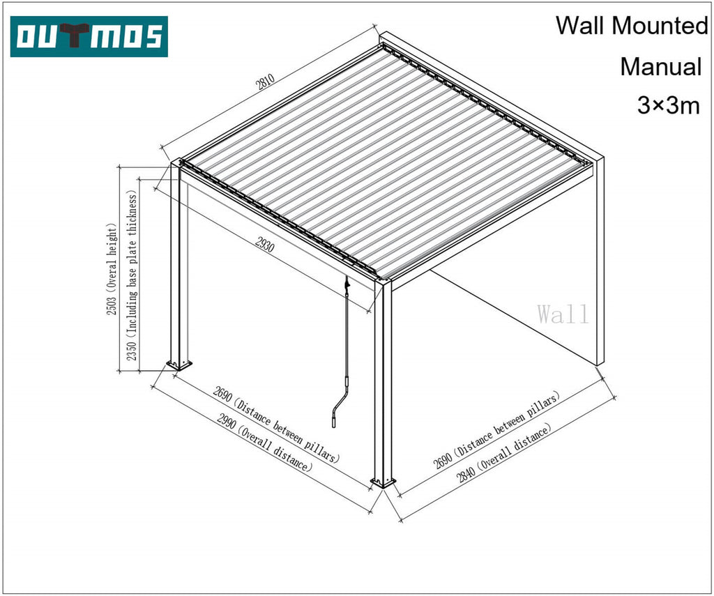 aluminium louvred pergola Manual wall mounted 3X3