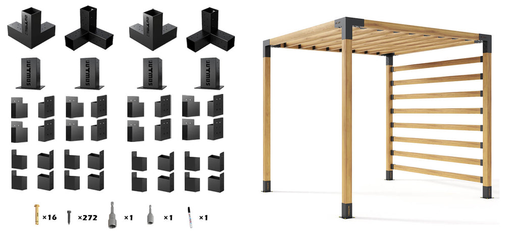 Pergola Kits | Single Pergola System with  privacy wall and Top Rafter