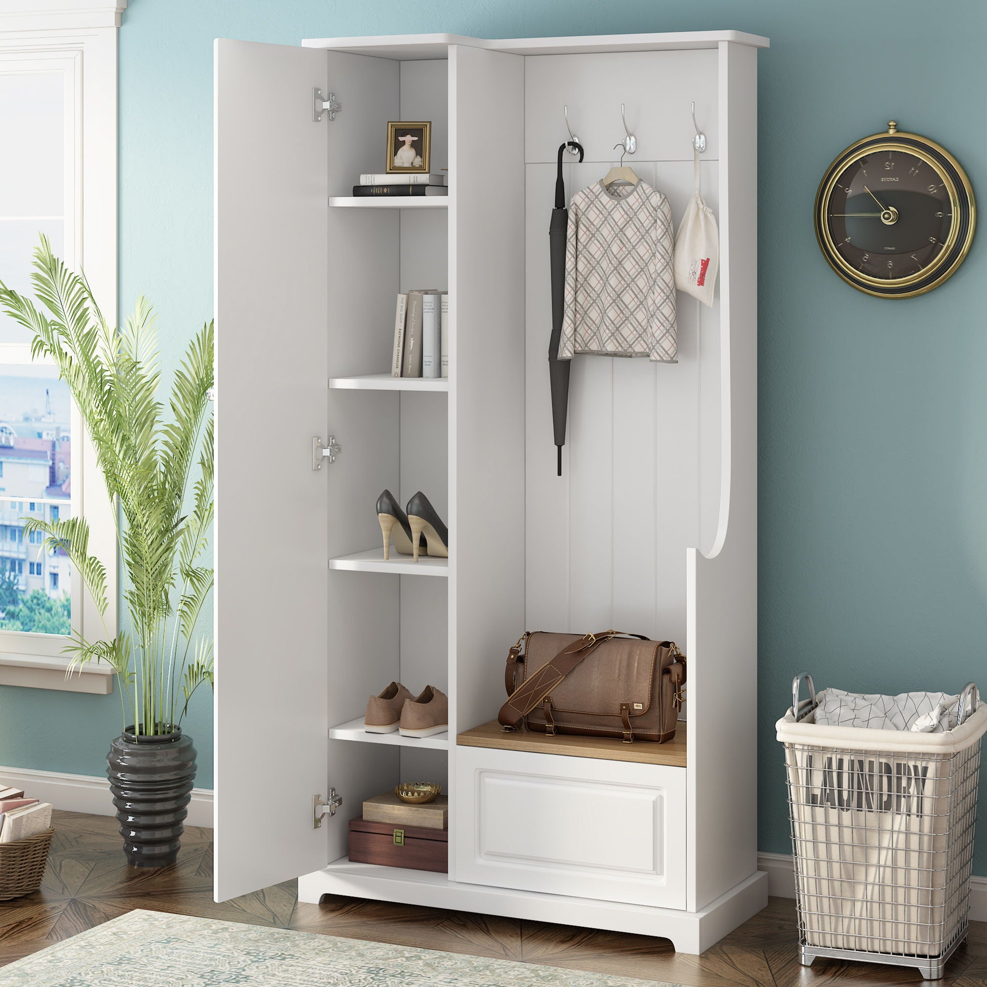On-Trend Stylish Design Hall Tree With Flip-Up Bench, Minimalist Hallway Shoe Cabinet With Adjustable Shelves, Multifunctional Furniture With Hanging Hooks For Entryways, Mudroom, White