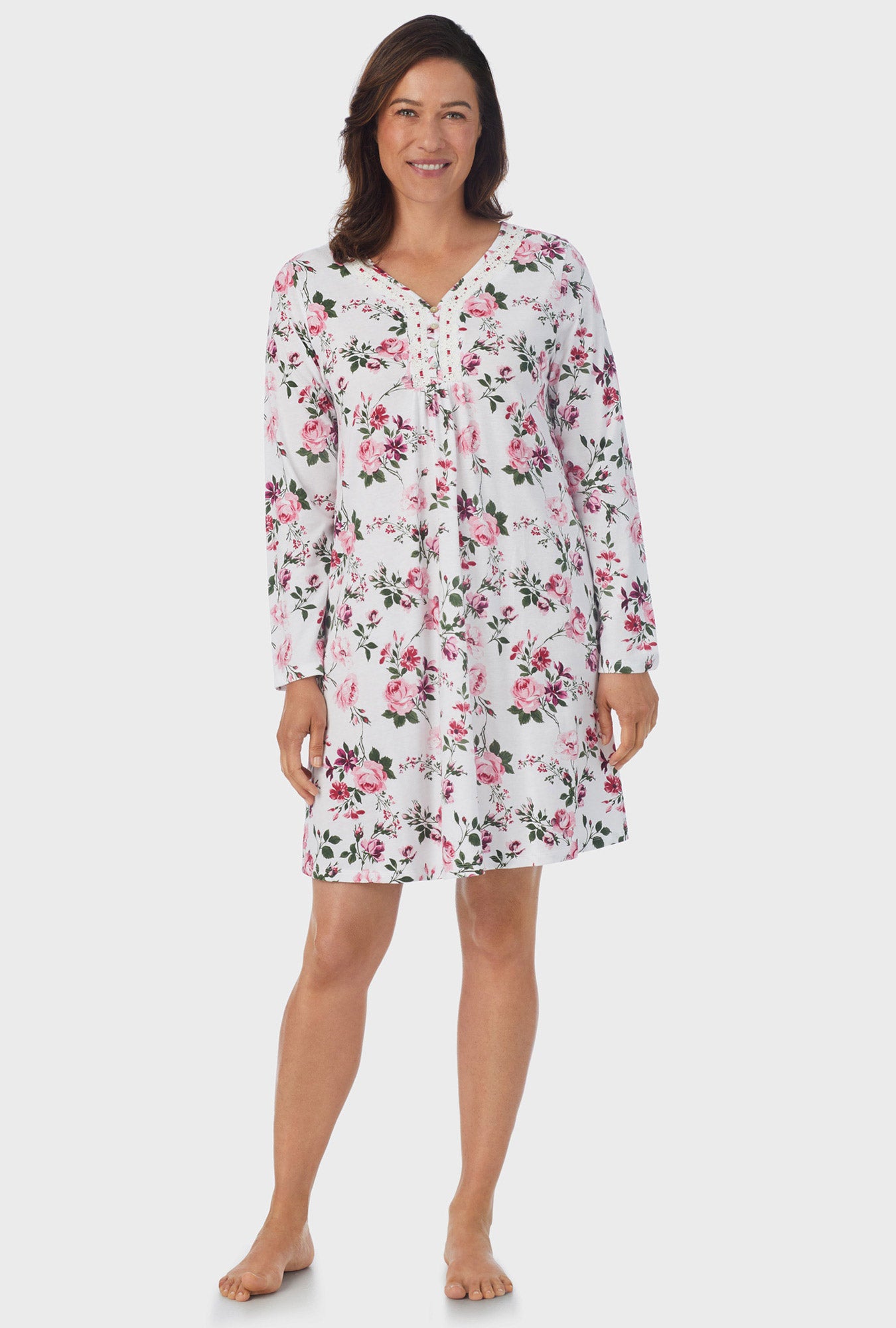 Pink and Magenta Floral 3/4 Sleeve Nightgown - Aria Sleepwear