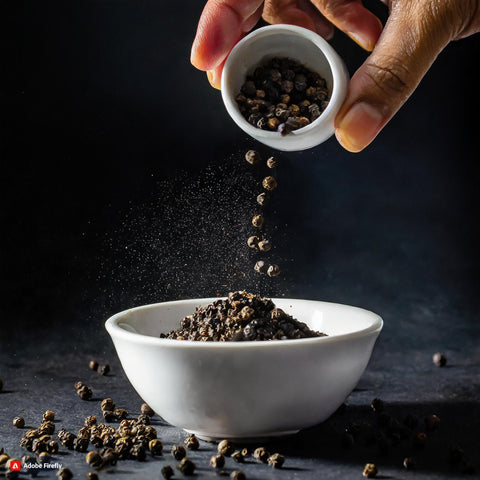 BLACK PEPPER were poured into a white bowl, isolated on the dark background; close