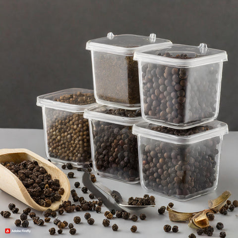 Black Pepper stored in various containers, showing proper storage methods