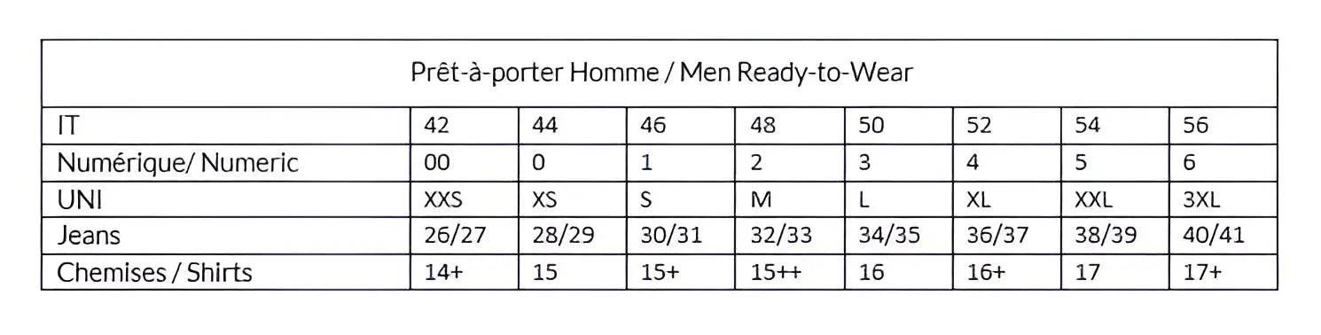 guide des tailles homme