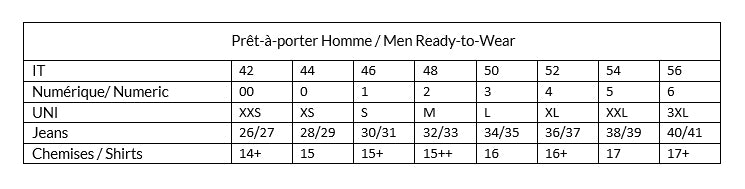 guide des tailles homme