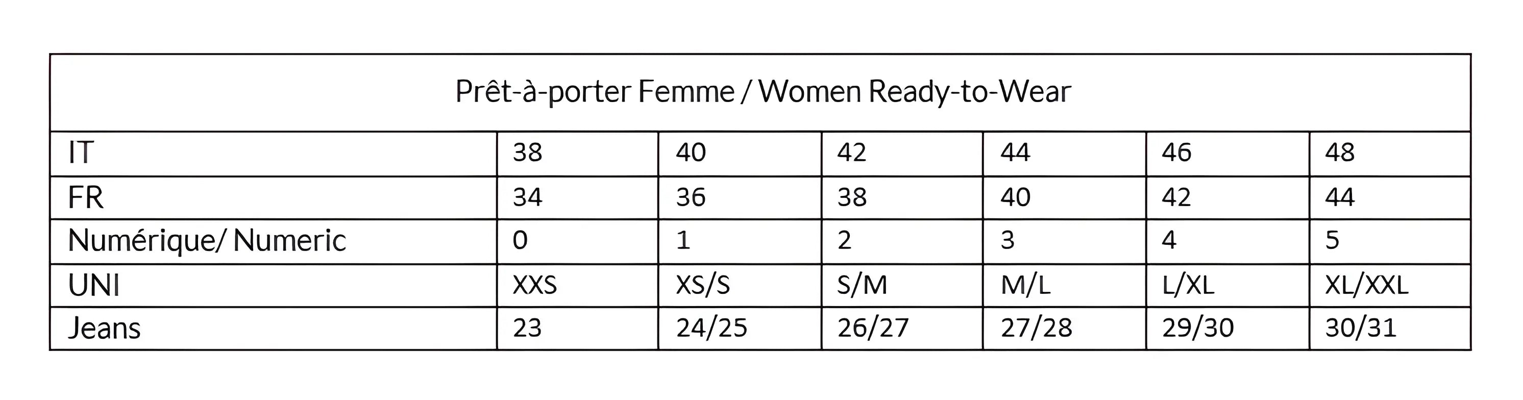 guide des tailles femme