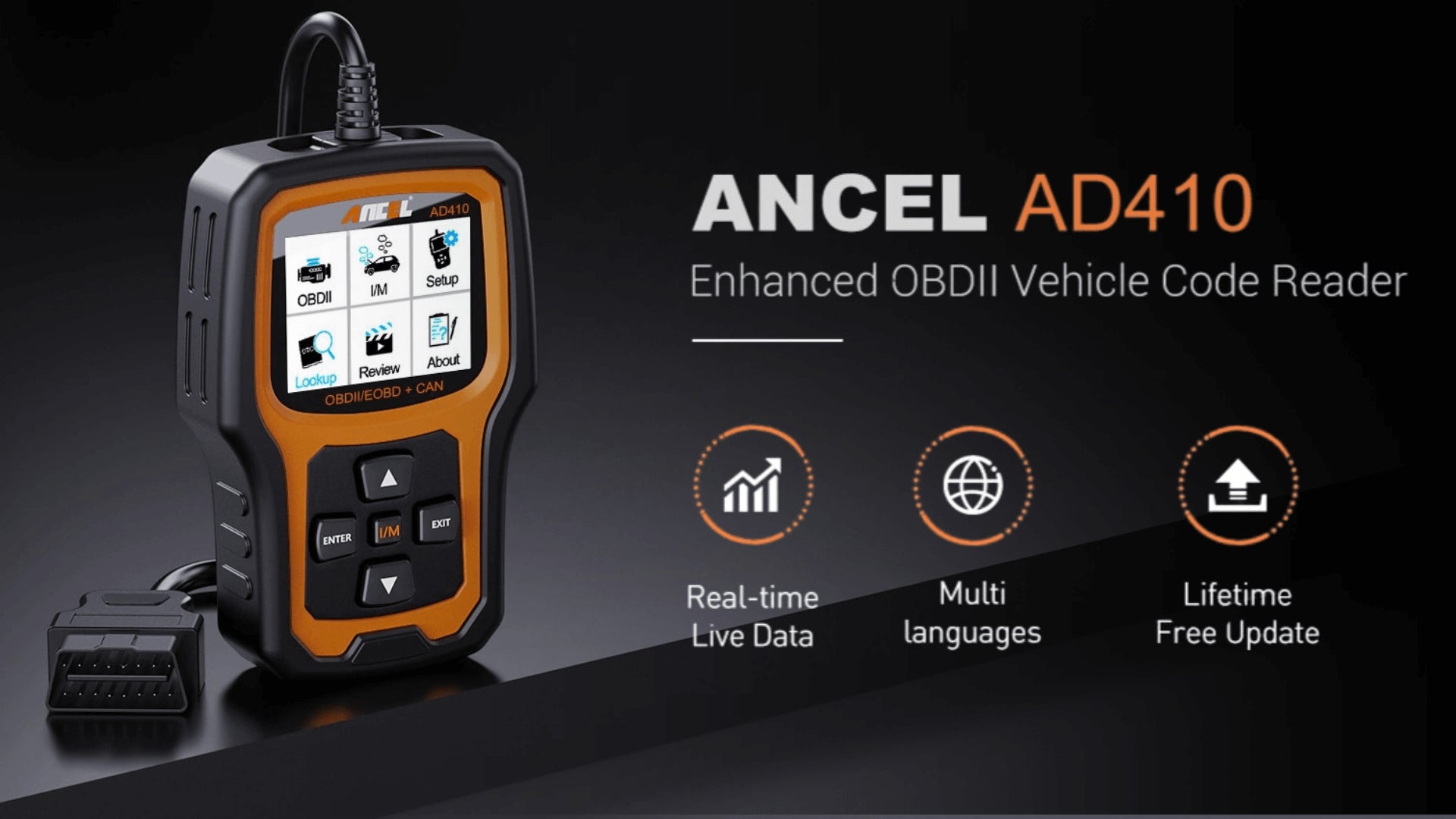 ANCEL AD410 scanner with a wide screen, plugged into a car during a diagnostic check.