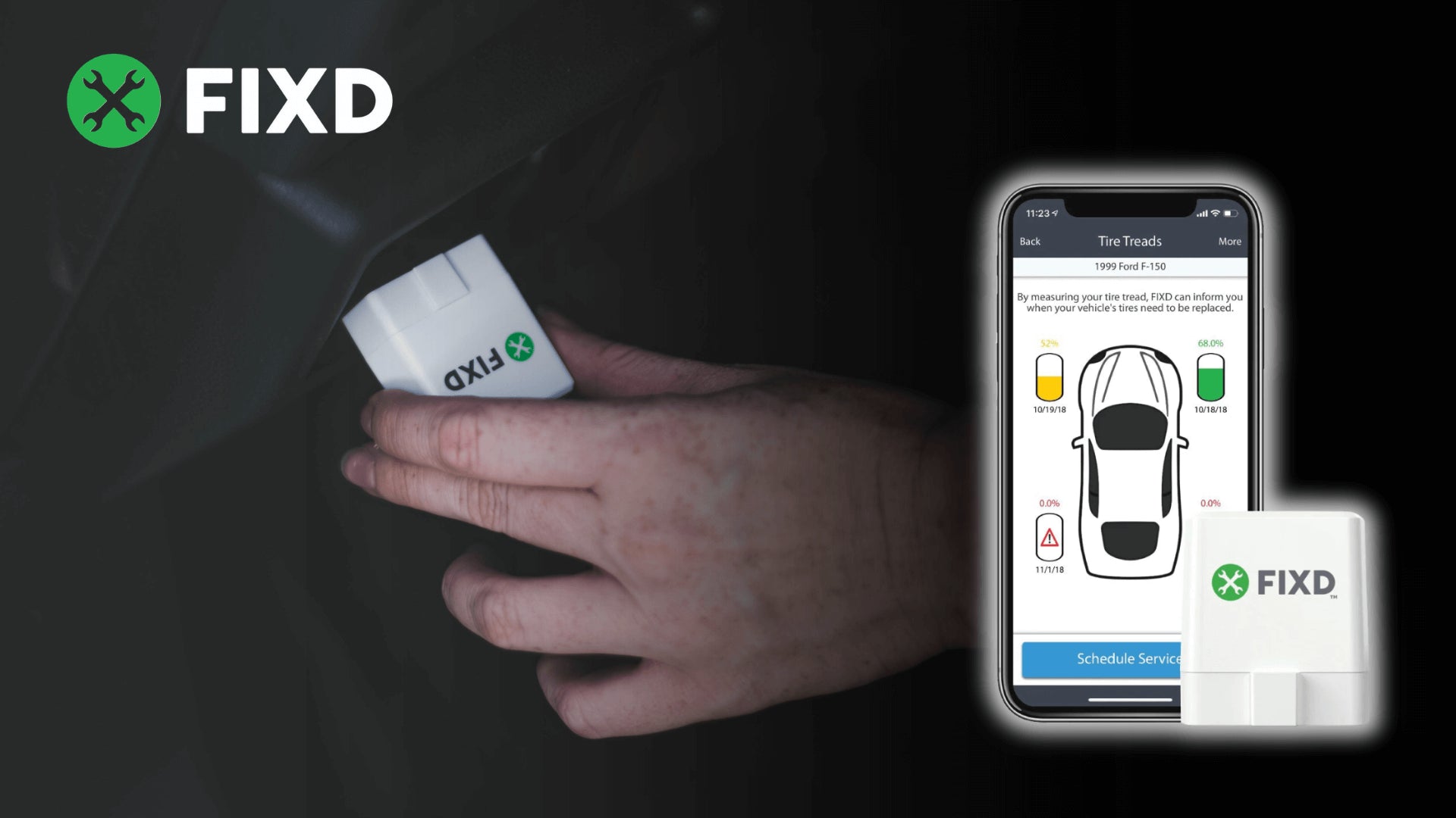 FIXD sensor connected to a car’s OBD port, syncing data to a mobile app on a smartphone.