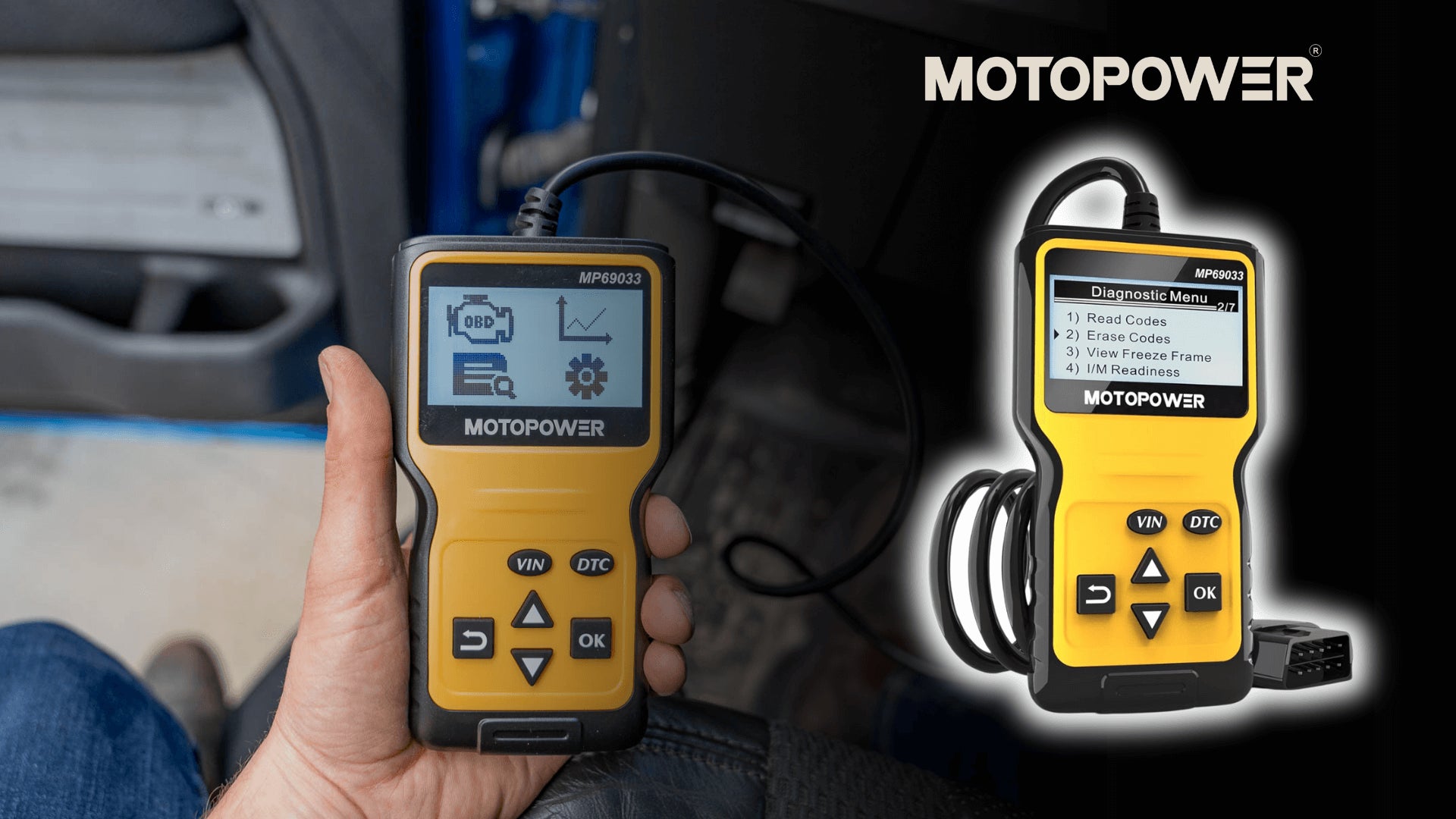 MOTOPOWER MP69033 handheld OBD2 scanner in use, displaying engine trouble codes.