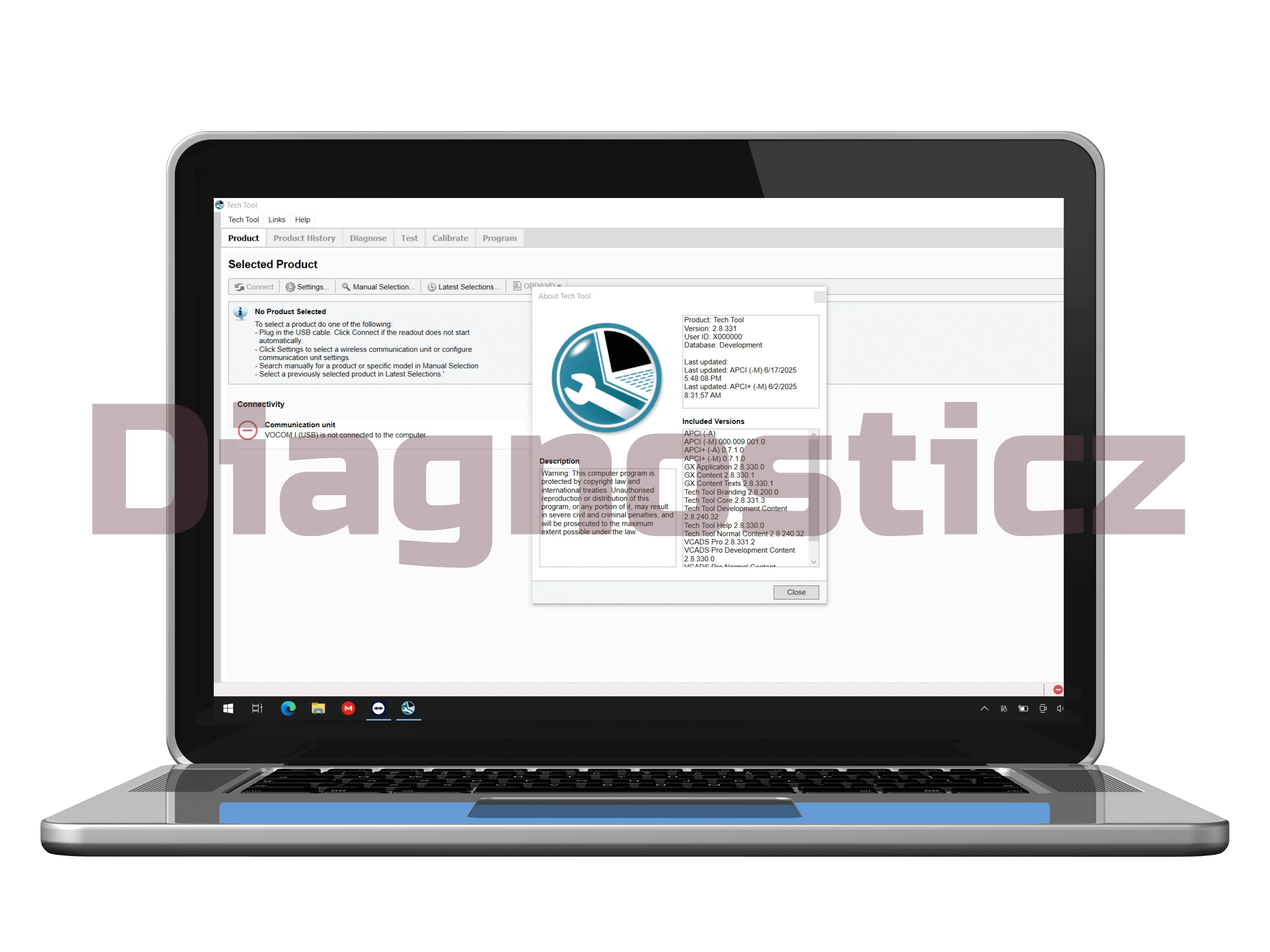 Volvo Tech Tool 2.8.331 software running on Windows laptop displaying live truck diagnostic data and ECU programming functions