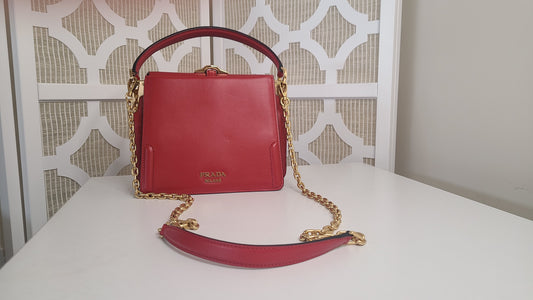 Prada Mini Wallet on Chain Red Leather Gold Flowers Cross Body 1DH044