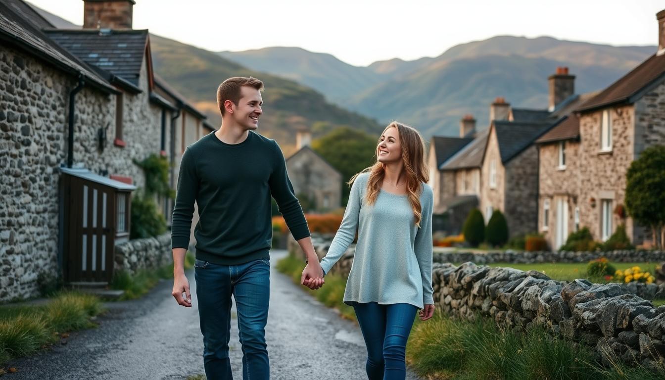 Young Welsh couple using terms of endearment while walking through a traditional Welsh village