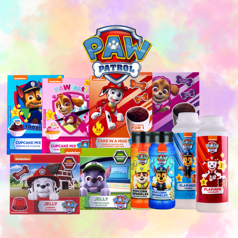 Range of Paw Patrol baking mixes, jelly and popcorn sprinkles
