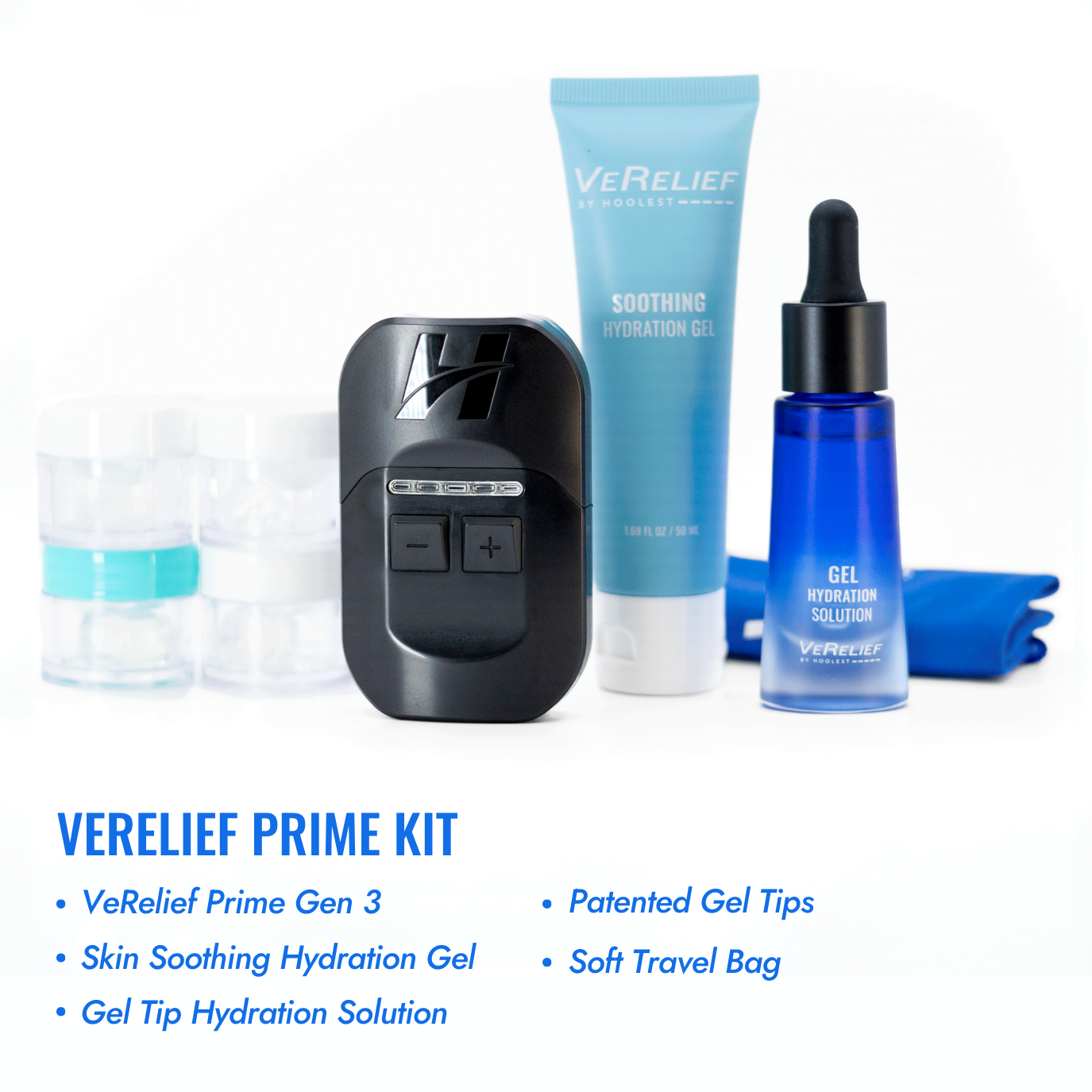 The VeRelief Prime Kit includes a hydration gel, solution, device, containers, and travel bag.