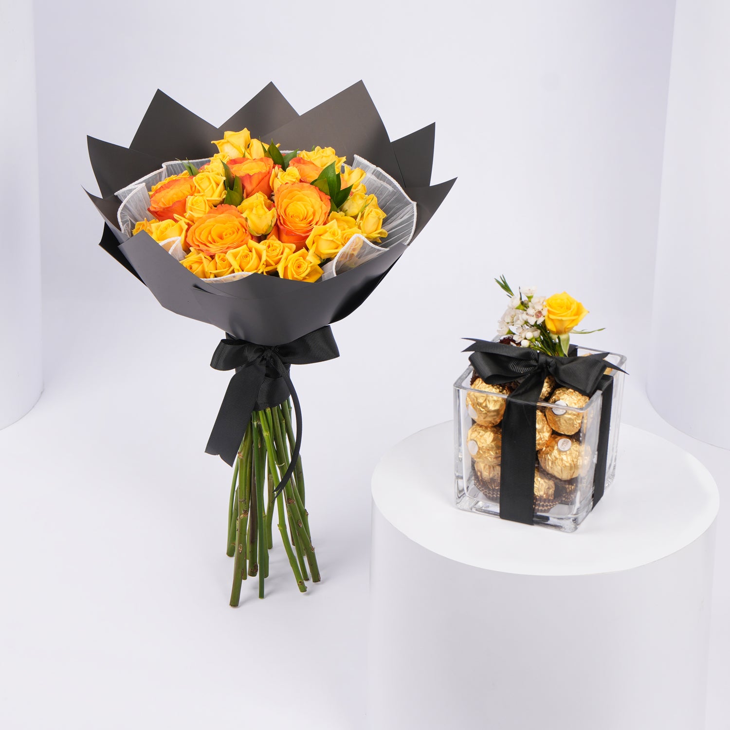 Yellow & Orange Roses Bouquet with Chocolates