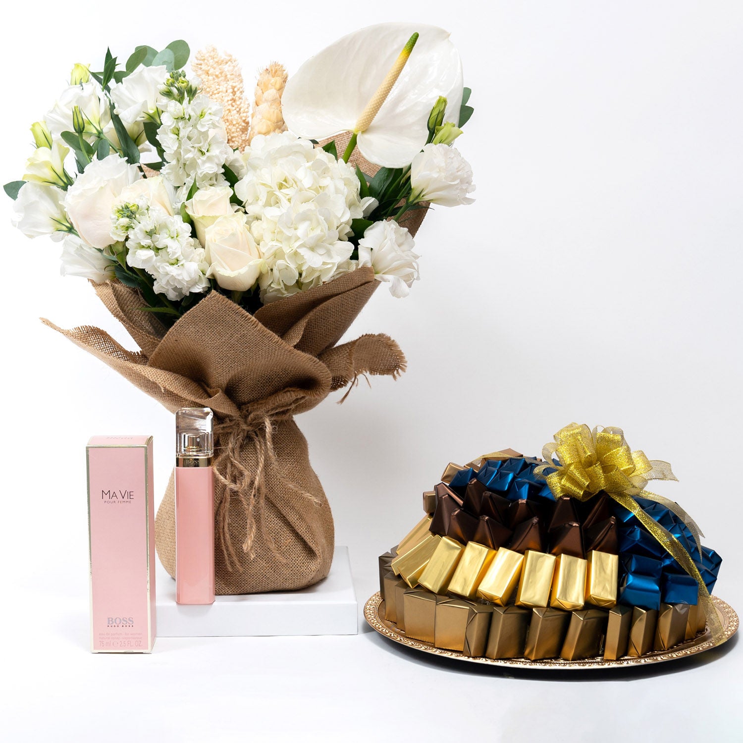 Flower Bouquet with Perfume and Chocolates