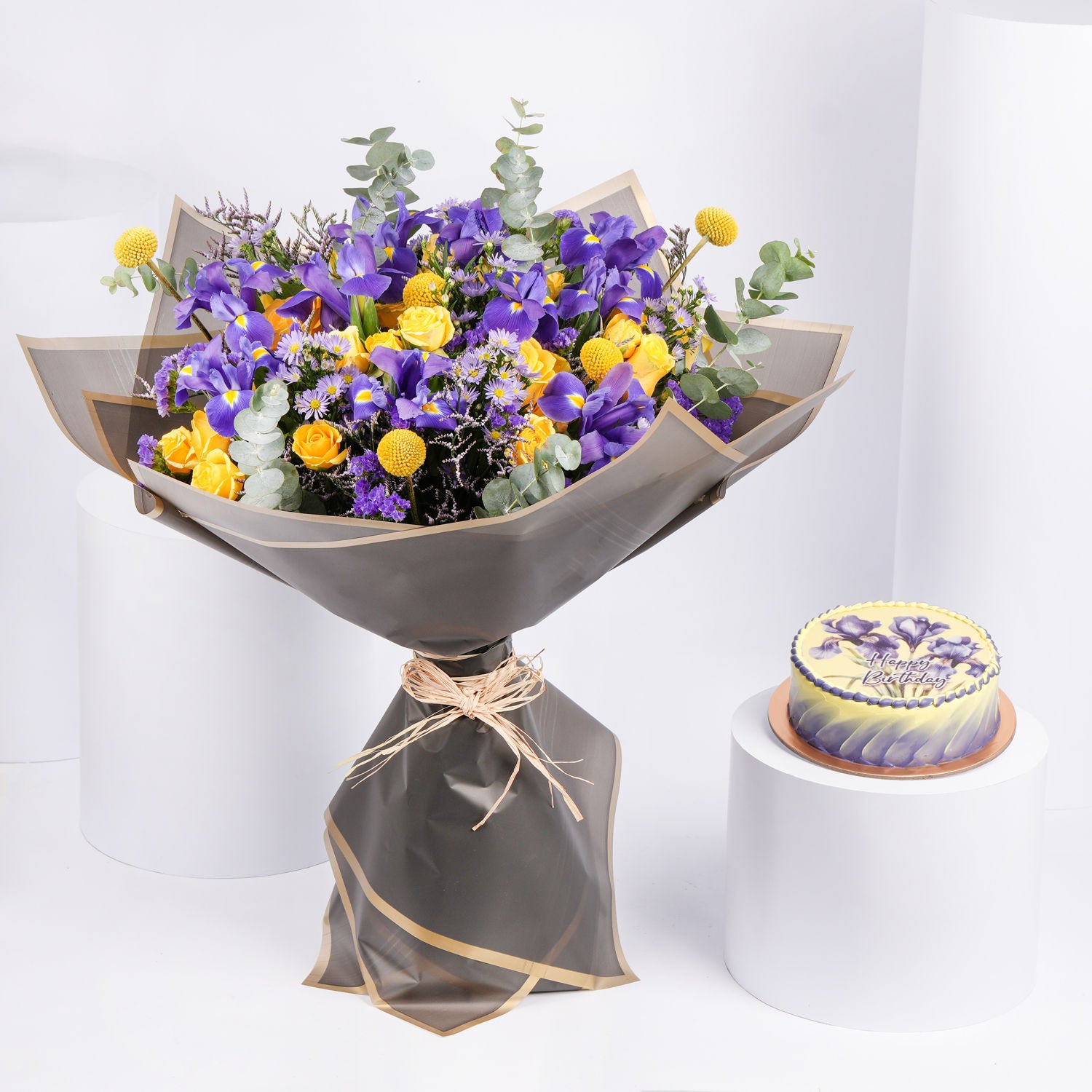 IRIS Flower Bouquet and Birthday Chocolate Cake