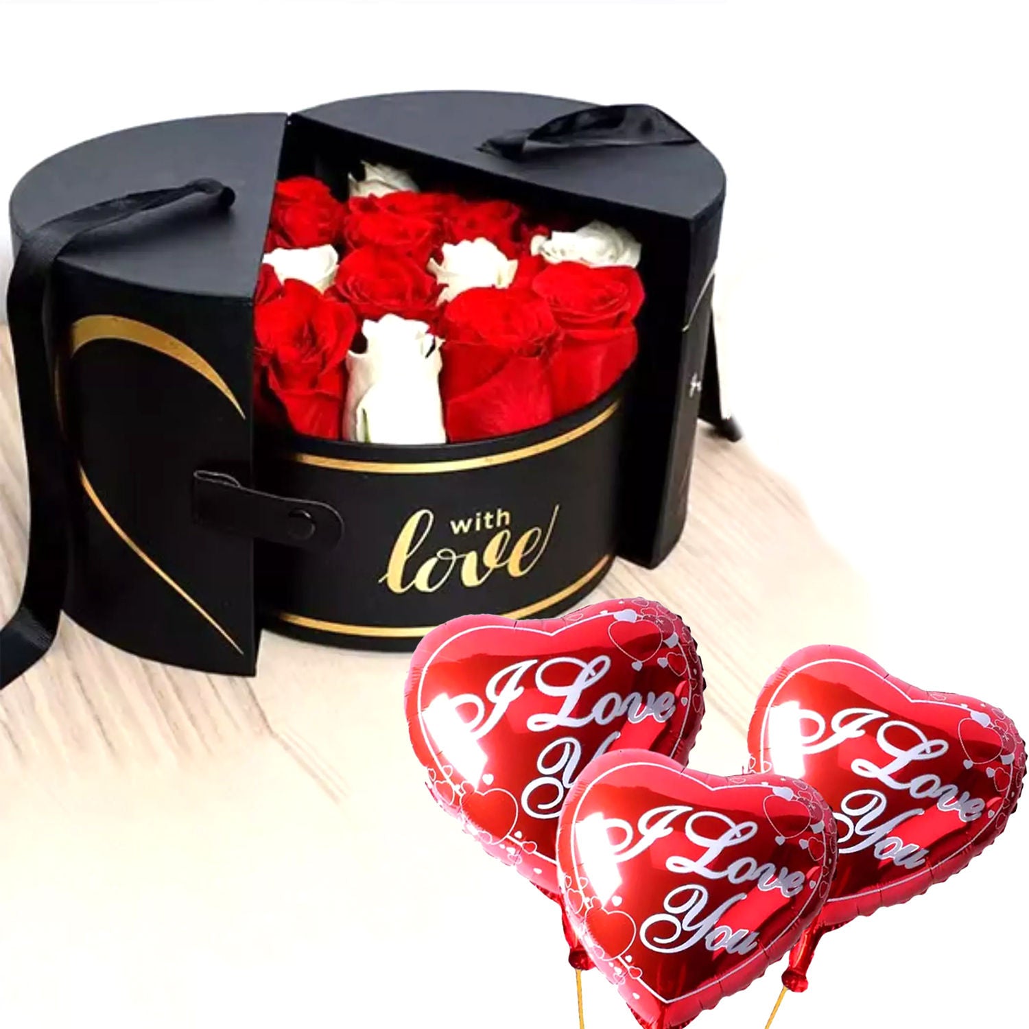 Luxurious Box of Roses With I Love You Balloons