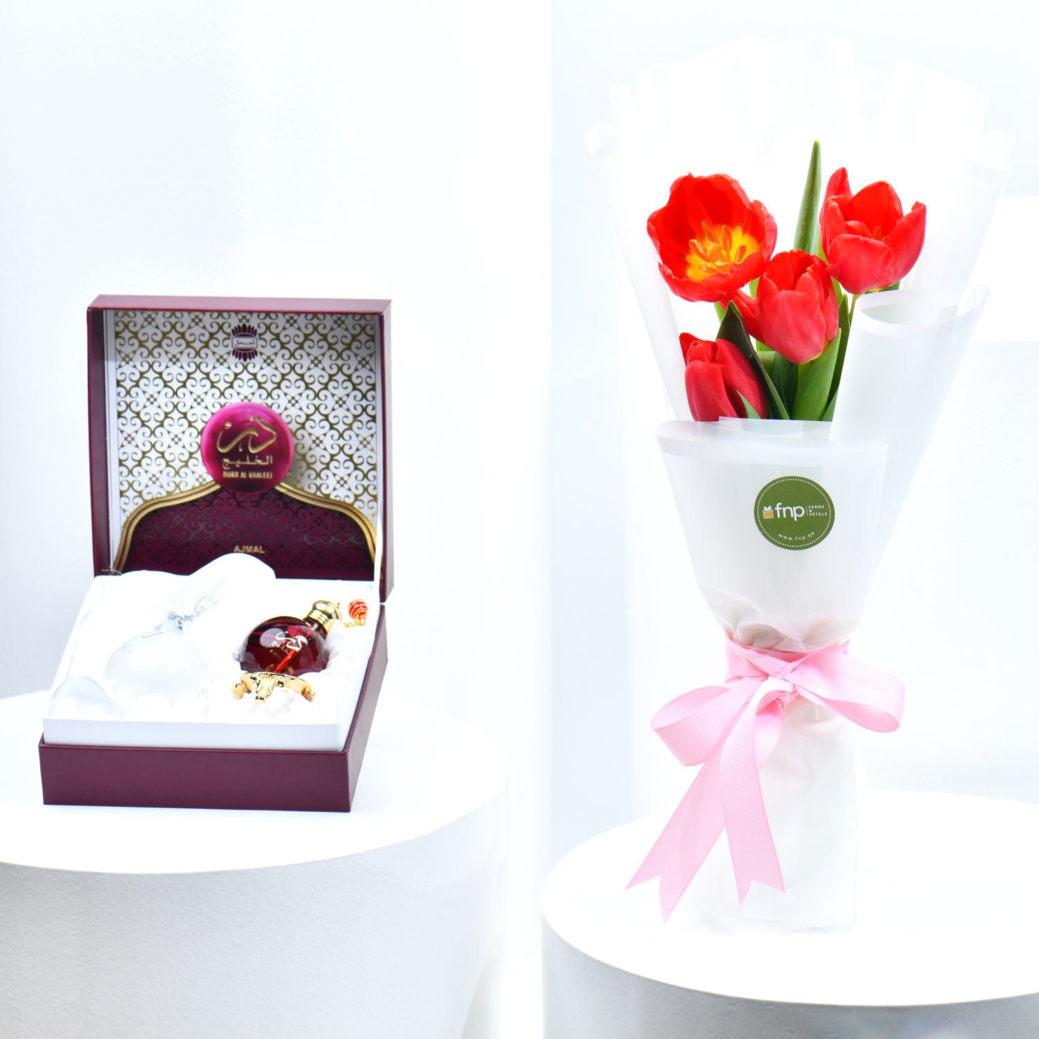 Red Tulips with Dur Al Khaleej Gift Box of Ajmal Perfumes