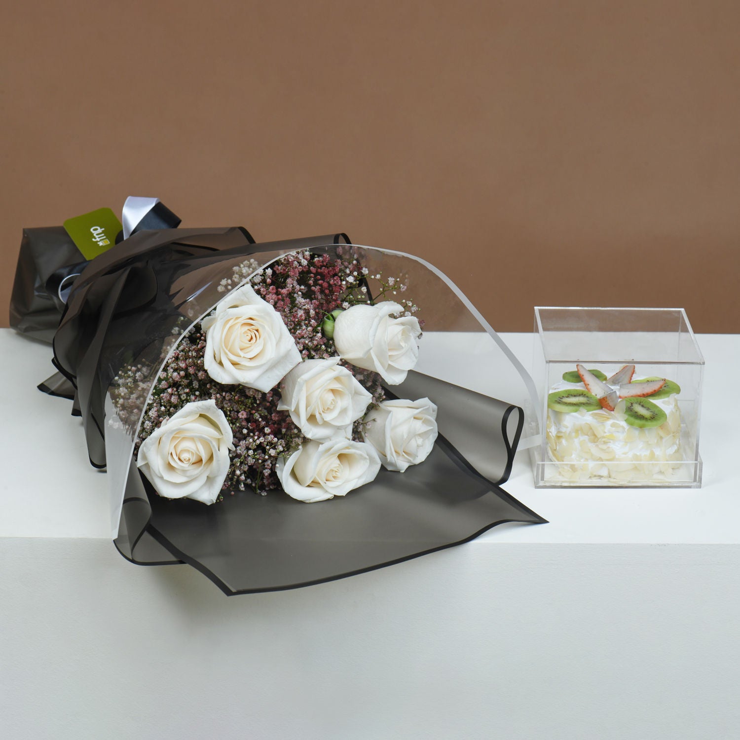 White Roses Bouquet with Fruit Cake