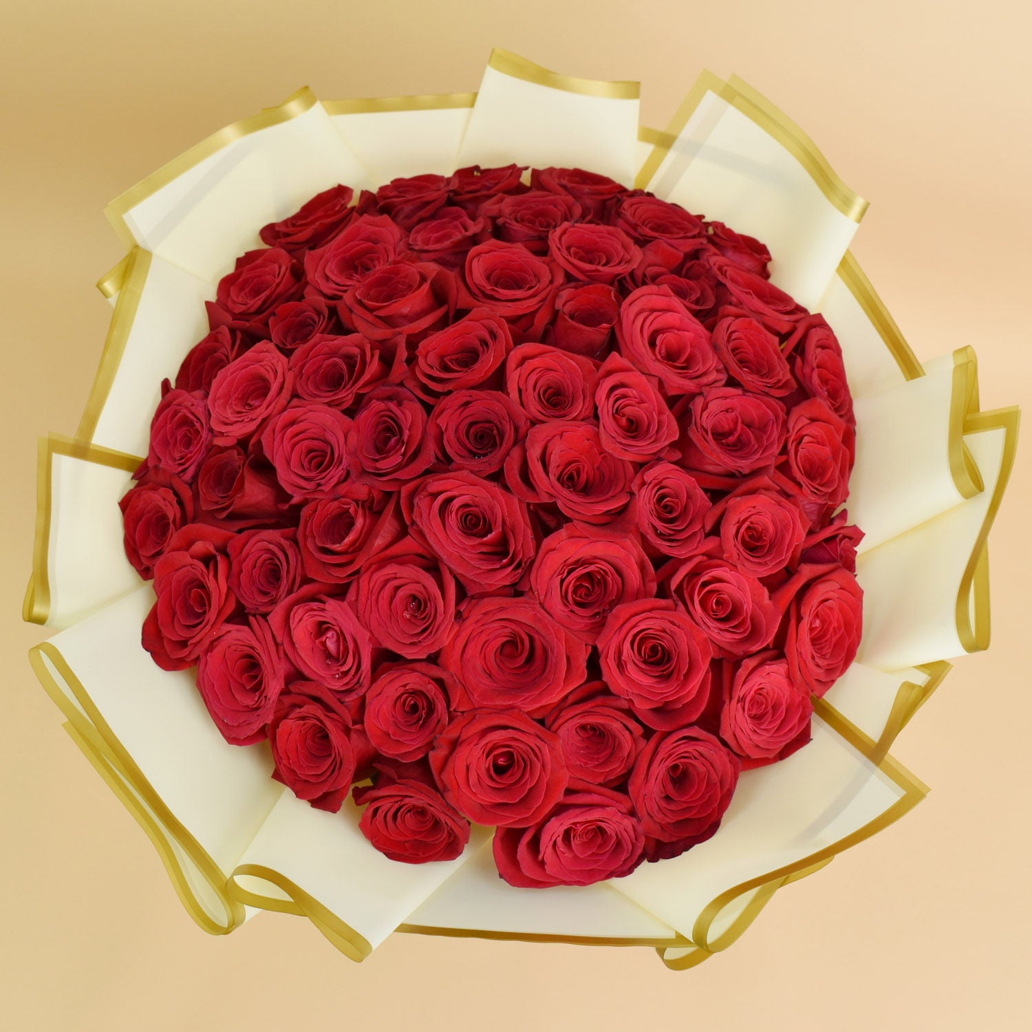 باقة 50 وردة جوري أحمر في غلاف أنيق وببيونة