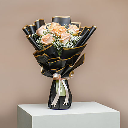 6 Peach Roses Hand Bouquet