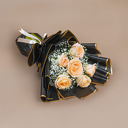 6 Peach Roses Hand Bouquet