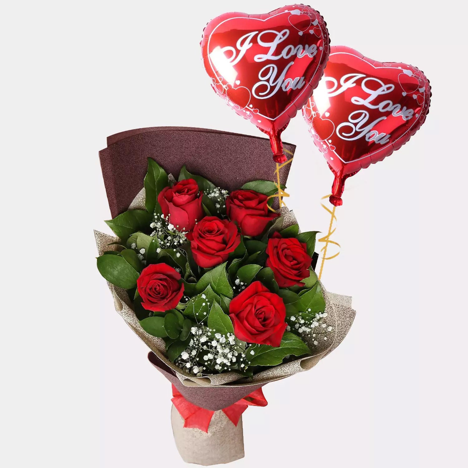 6 Red Roses Bouquet With I Love You Balloons