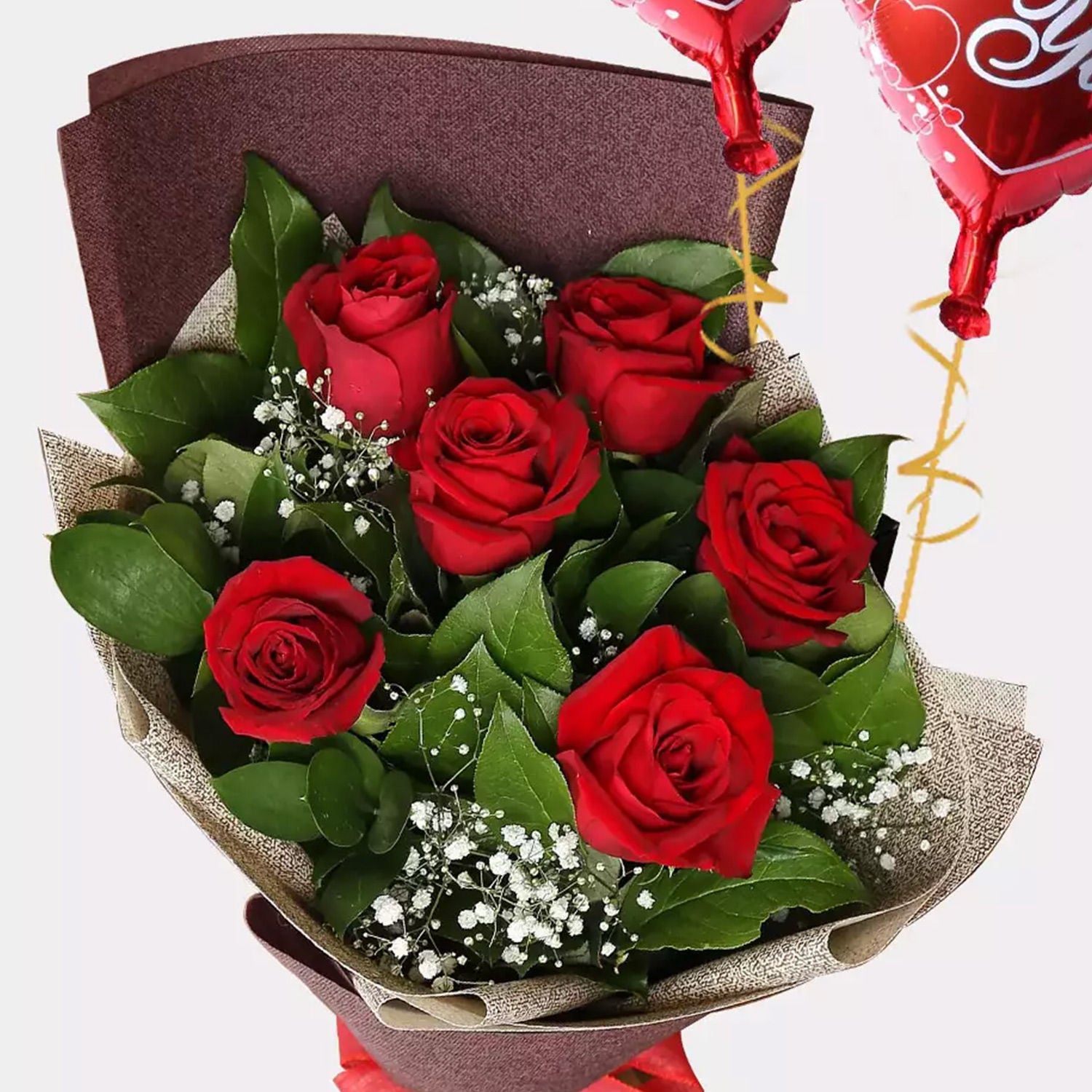 6 Red Roses Bouquet With I Love You Balloons