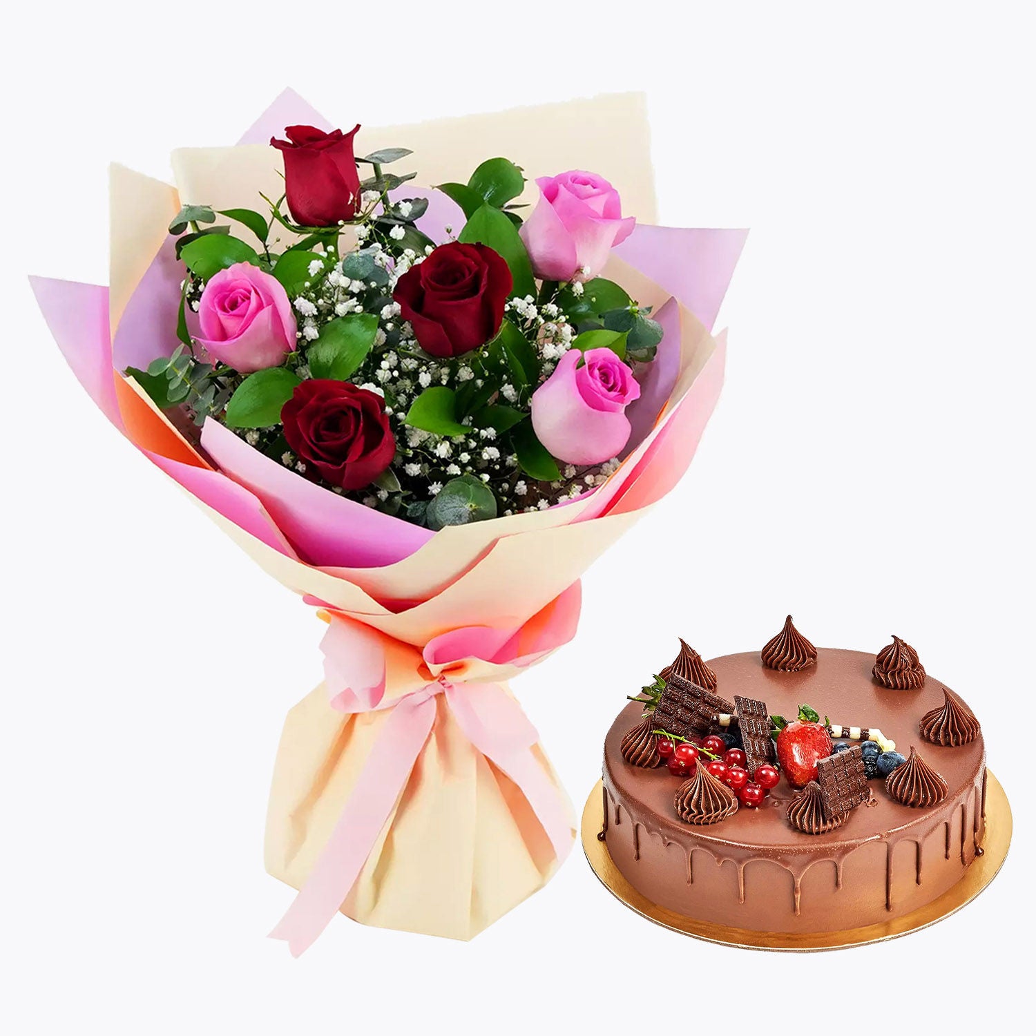 Beautiful Roses Bouquet With Chocolate Fudge Cake