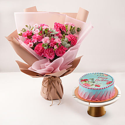 Birthday Wish Carnation Bouquet And Cake